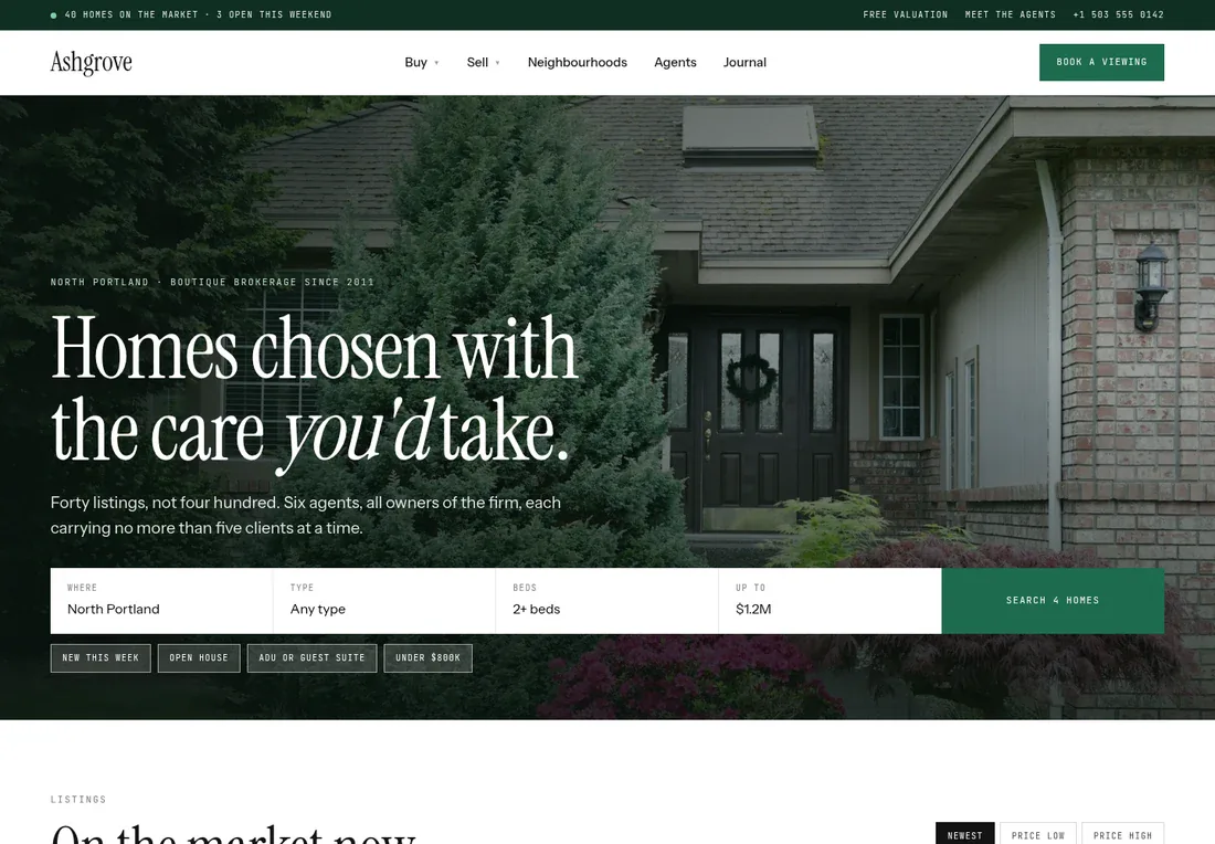 Ashgrove starter website with a real estate introduction and architectural photography